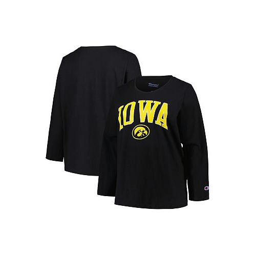 Profile Womens Black Iowa Hawkeyes Plus Size Arch Over Logo Scoop Neck Long Sleeve T-shirt