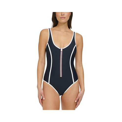 Tommy Hilfiger Womens Seamed One-Piece Zip-Up Swimsuit