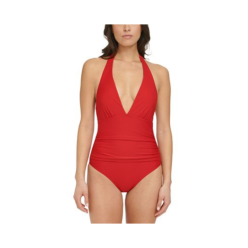 Tommy Hilfiger Womens One-Piece Ribbed Halter-Neck Plunge Swimsuit