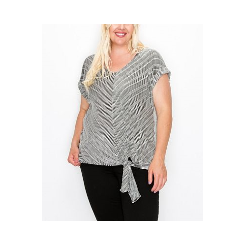 COIN 1804 Plus Size Variegated Textured Stripe Chevron Side Tie Roll Sleeve Top