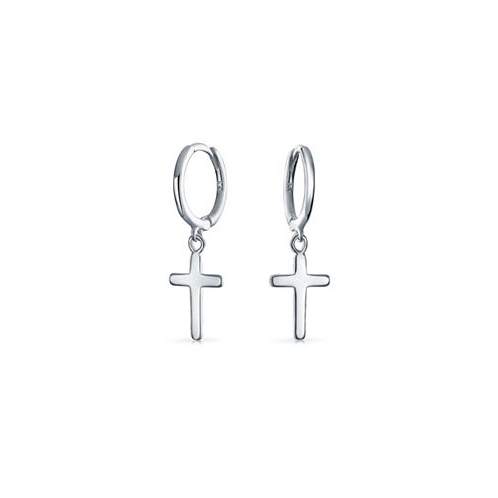 Bling Jewelry Small Plain Delicate Religious Dangling Charm Cross Hoop Kpop Huggie Earrings For Women Men Teen.925 Sterling Silver