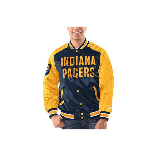 Starter Mens Navy Gold Indiana Pacers Renegade Satin Full-Snap Varsity Jacket