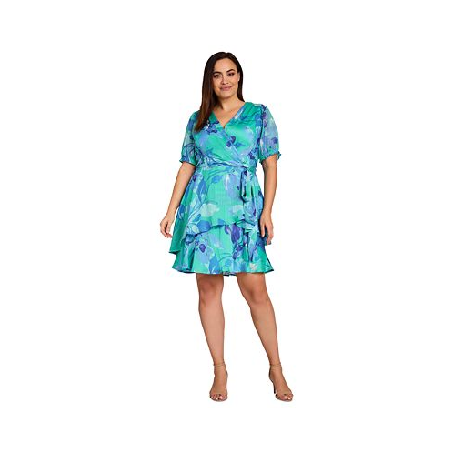 Tahari Plus Size Printed Faux-Wrap Ruffle-Hem Dress