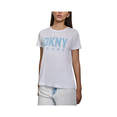 DKNY Jeans Womens Flocked-Logo Short-Sleeve Crewneck T-Shirt