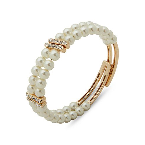 Anne Klein Gold-Tone Pave & Imitation Pearl Double-Row Coil Bracelet