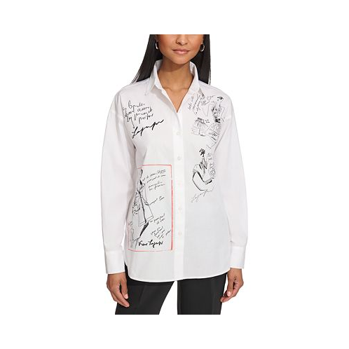 KARL LAGERFELD PARIS Womens Sketch-Graphic Poplin Shirt