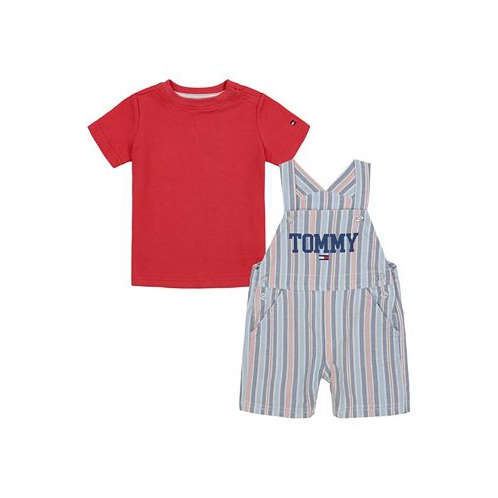 Tommy Hilfiger Baby Boys Short Sleeve Solid T-shirt and Oxford Stripe Shortalls Set