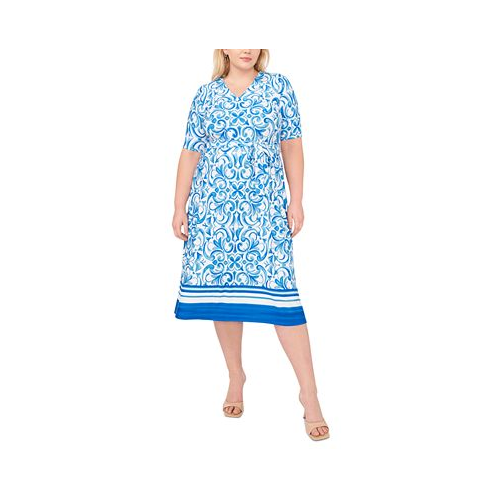 MSK Plus Size Printed Border-Trim V-Neck Midi Dress