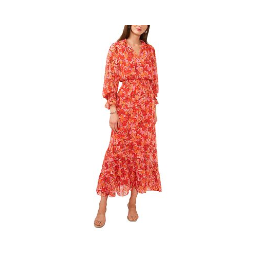 Vince Camuto Womens Floral Smocked Waist Tie Neck Tiered Maxi Dress