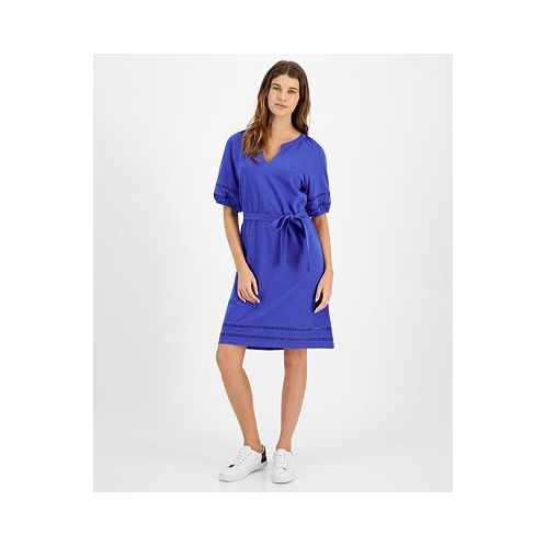 Tommy Hilfiger Womens Cotton Belted Puff-Sleeve Dress