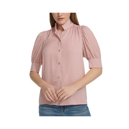 Calvin Klein Jeans Womens Charmeuse Puff-Sleeve Stand-Collar Top