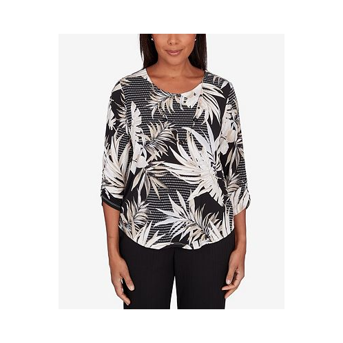 Alfred Dunner Womens Opposites Attract Printed Leaves Top with Necklace