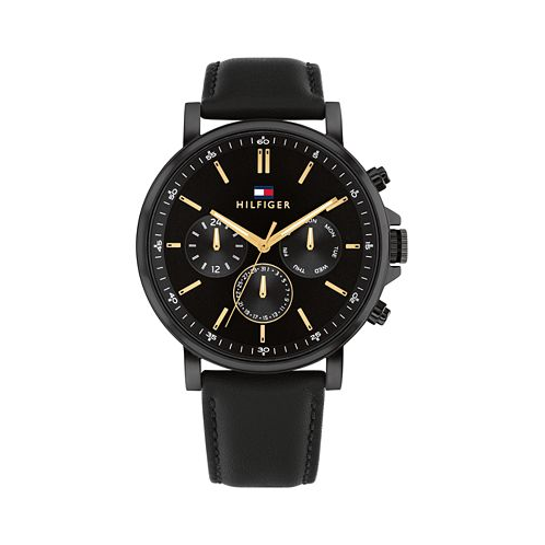 Tommy Hilfiger Mens Multifunction Black Leather Watch 44mm