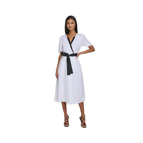 KARL LAGERFELD PARIS Womens Linen-Blend Puff-Sleeve Midi Dress