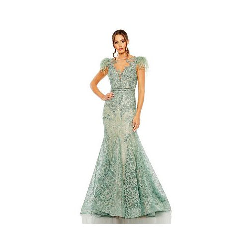 Mac Duggal Womens Embellished Feather Cap Sleeve Illusion Neck Trump