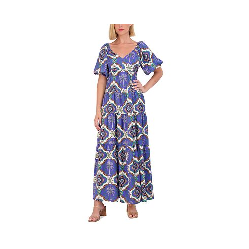 Vince Camuto Womens Printed Puff-Sleeve Maxi Dress