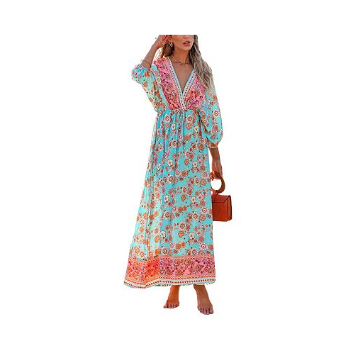 CUPSHE Womens Teal & Pink Plunging Bubble Sleeve Maxi Beach Dress