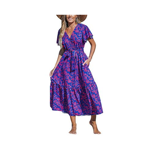 CUPSHE Womens Floral Print V-Neck Lace Maxi Beach Dress
