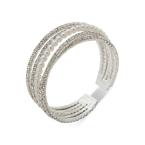 Anne Klein Silver-Tone Crystal & Imitation Pearl Bangle Bracelet