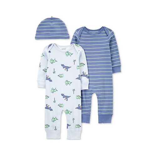 Carters Baby Boys Blue Dino 3-Piece Jumpsuit and Hat Set