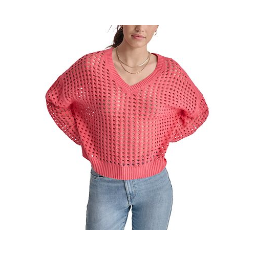DKNY Jeans Womens V-Neck Open-Stitch Cotton Sweater
