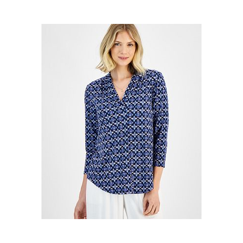 JM Collection Womens Printed 3/4 Sleeve Pleated-Neck Top