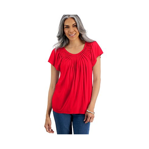Style & Co Womens Pleated-Neck Short-Sleeve Top Regular & Petite