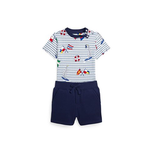 Polo Ralph Lauren Baby Boys Flag Print Jersey Tee and Fleece Short Set