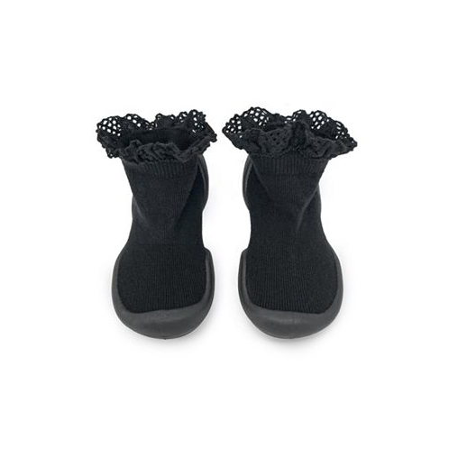 Komuello Baby Girls First Walk Sock Shoes Lace trim - Black