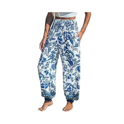 CUPSHE Womens Blue & White Floral Smocked Waist Tapered Leg Pants