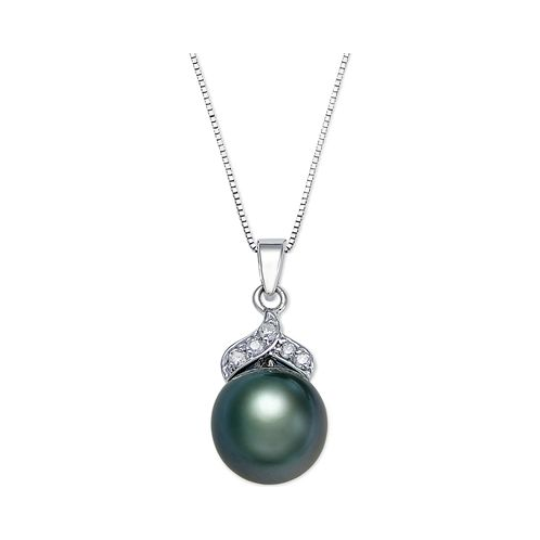 Macys Tahitian Pearl (9mm) and Diamond Accent Pendant Necklace in 14k White Gold