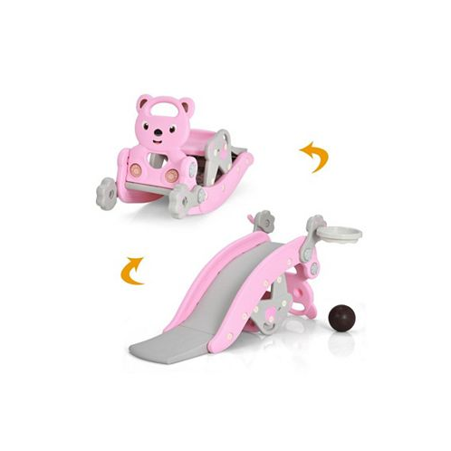 Slickblue 4-in-1 Toddler Slide and Rocking Horse Playset with Basketball Hoop-Pink