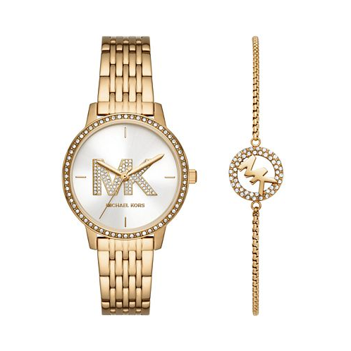 Michael Kors Womens Melissa Three-Hand Gold-Tone Stainless Steel Watch Set 35mm