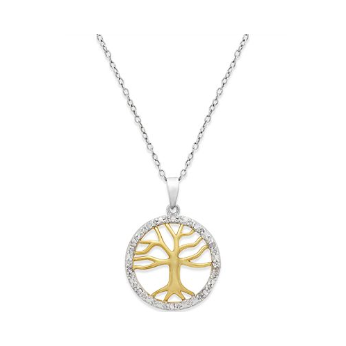 Macys Diamond Family Tree Pendant Necklace (1/10 ct. t.w.) in Sterling Silver and 18k Gold over Sterling Silver