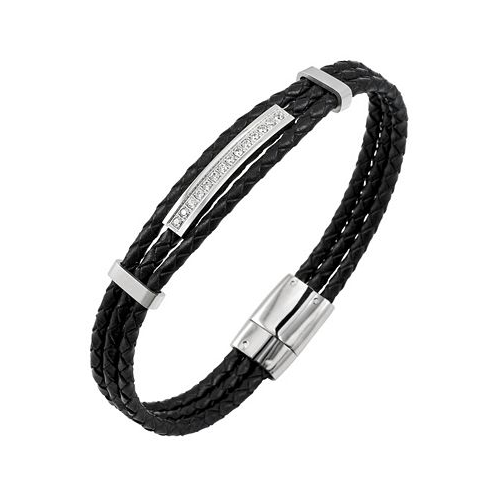 Sutton by Rhona Sutton Sutton Stainless Steel And Braided Leather Bracelet With Cubic Zirconia Stations