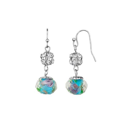 2028 Silver Tone Aqua and Pink Flower Bead with Crystals Drop Wire Earring