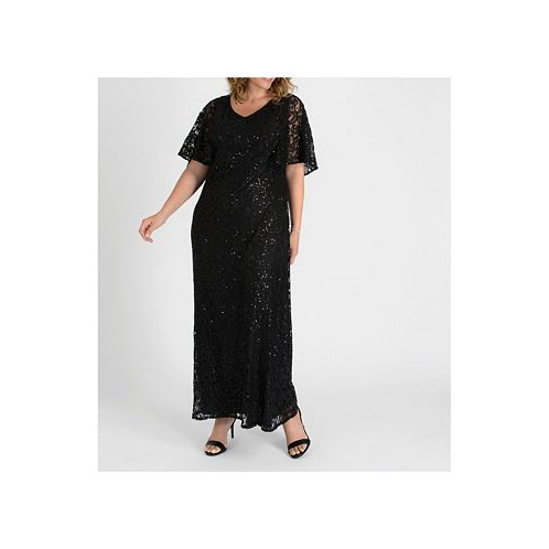 Kiyonna Womens Plus Size Celestial Cape Sleeve Sequined Lace Gown