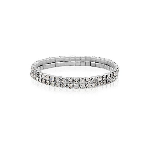 2028 Silver-Tone Clear Crystal 2-Row Rhinestone Stretch Bracelet
