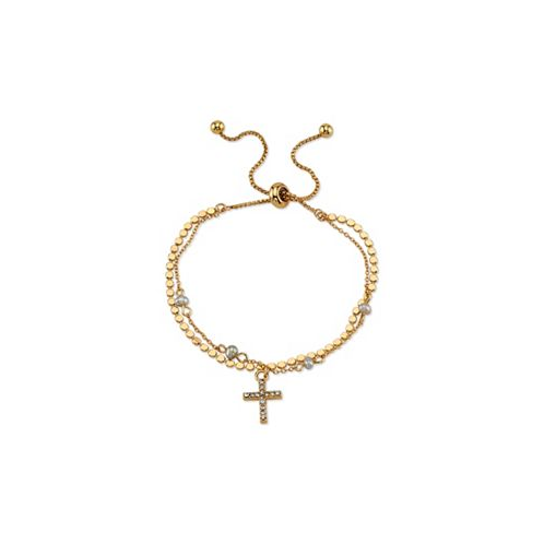 Unwritten 14K Gold Flash-Plated Gray Fresh Water Pearl and Crystal Cross Double Strand Bolo Bracelet