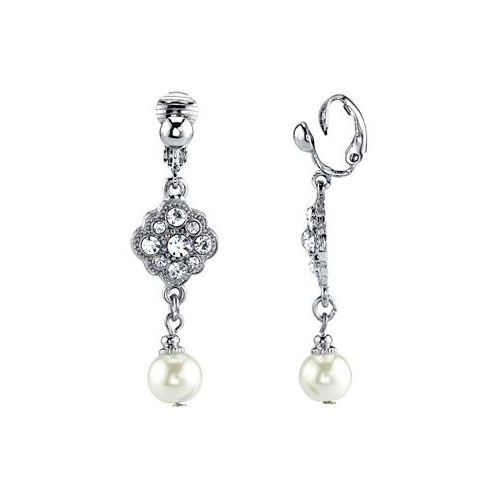 2028 Silver Tone Crystal and Imitation Pearl Drop Clip Earrings