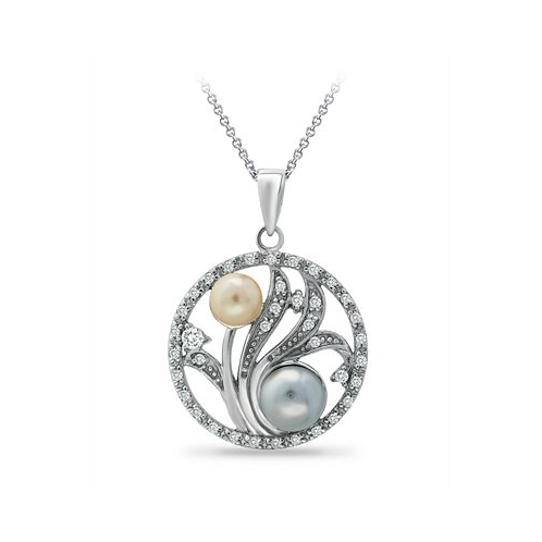 Macys Multi-Color Imitation Pearls and Cubic Zirconia Floral Medallion Pendant in Silver Plate 18