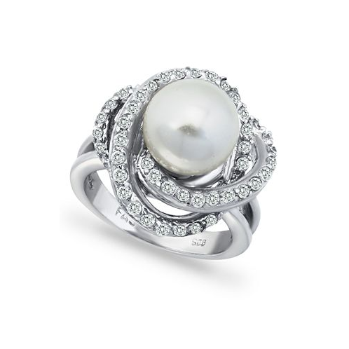 Macys Imitation Pearl and Cubic Zirconia Pave Swirl Ring in Silver Plate
