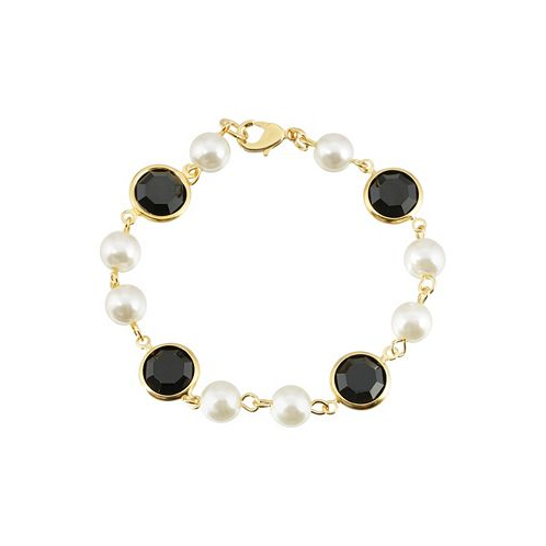 2028 Gold-Tone Imitation Pearl with Black Channels Link Bracelet