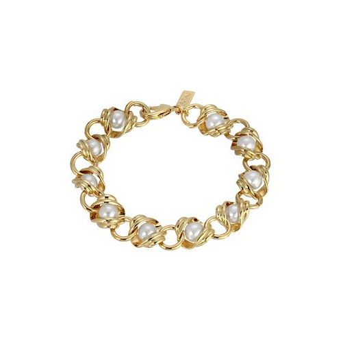 2028 Womens 14K Gold-tone Chain with Imitation Pearl Inset Link Bracelet