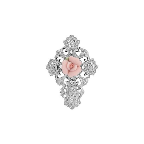 Symbols of Faith Silver-Tone Pink Porcelain Rose Cross Pin