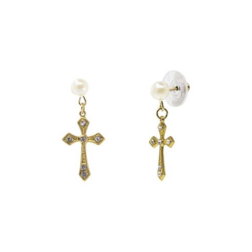 Symbols of Faith Gold-Tone Crystal Cross with Imitation Pearl Stud Drop Earrings