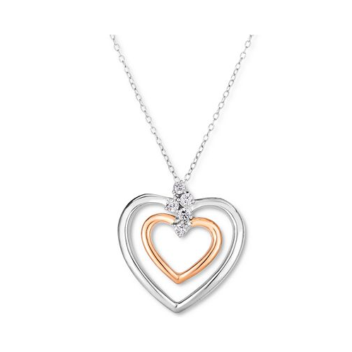 Macys Diamond Double Heart 18 Pendant Necklace (1/10 ct. t.w.) in Sterling Silver & 14k Rose Gold-Plate