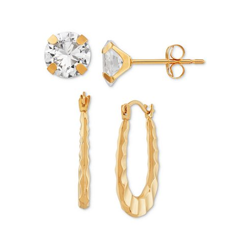Macys 2-Pc. Set Cubic Zirconia Stud & Ruffle Oval Hoop Earrings in 10k Gold