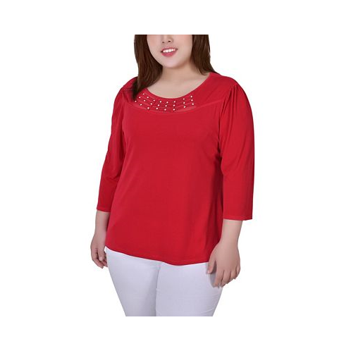 NY Collection Plus Size 3/4 Sleeve Crepe Knit with Strip Details Top