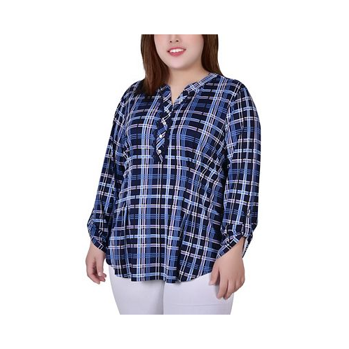 NY Collection Plus Size Long Sleeve Roll Tab Sleeve Plaid Y-Neck Top